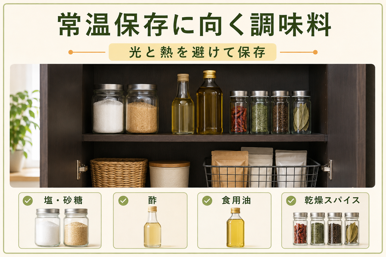 常温保存に向く塩・砂糖・酢・食用油・乾燥スパイス