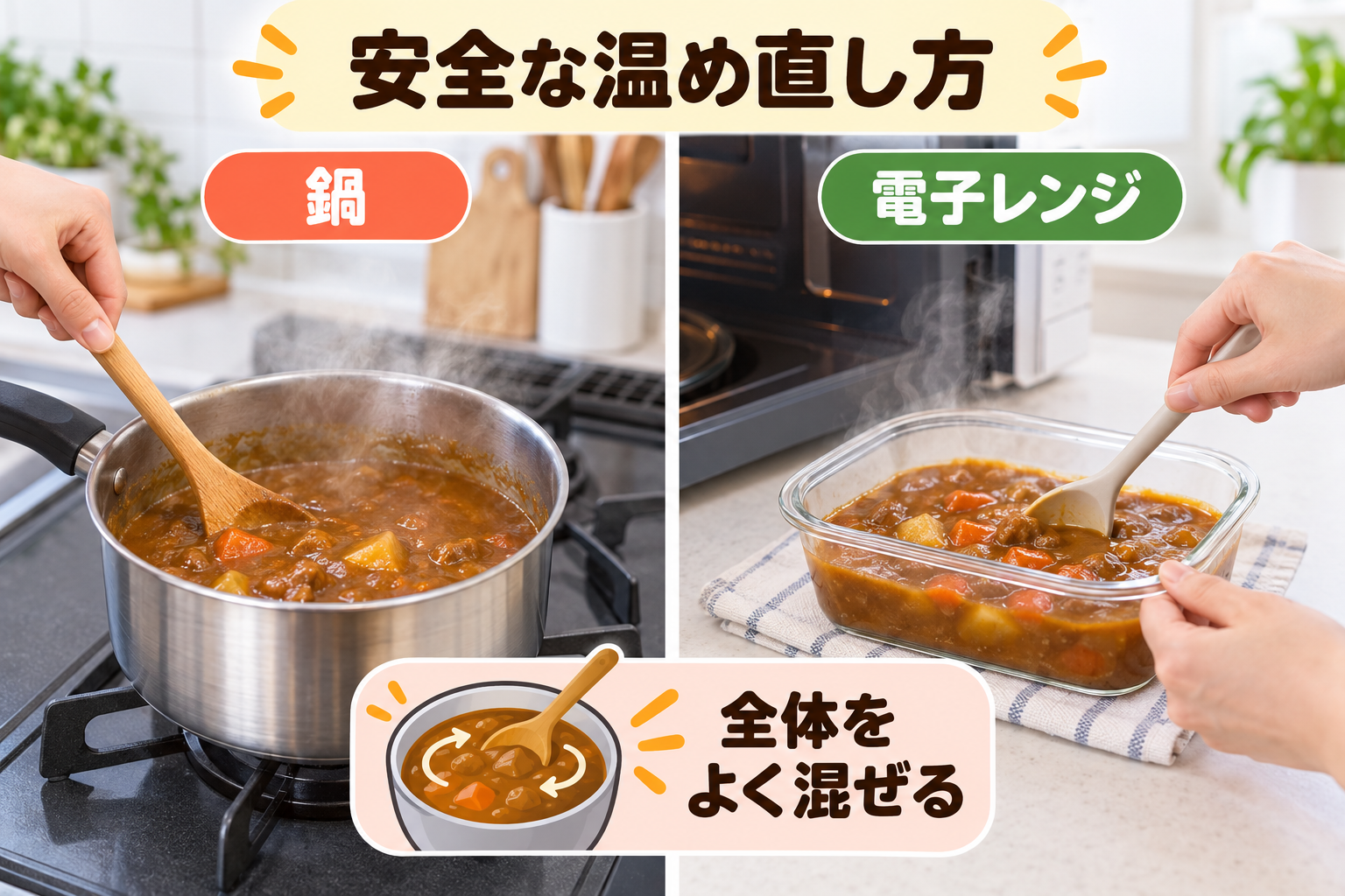 鍋と電子レンジでカレー全体を混ぜながら安全に温め直す方法