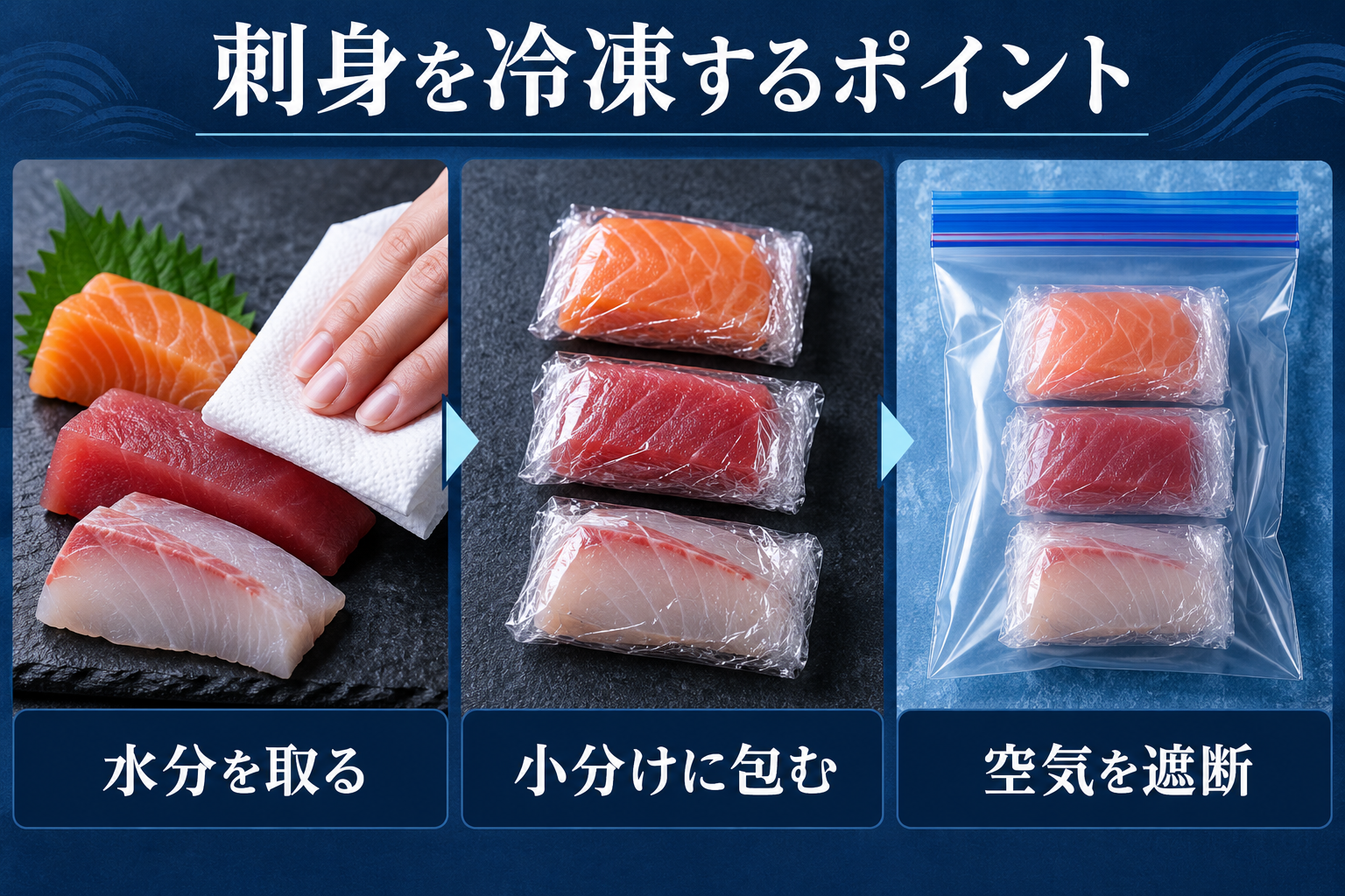 刺身の水分を取り小分け包装して空気を遮断する冷凍方法