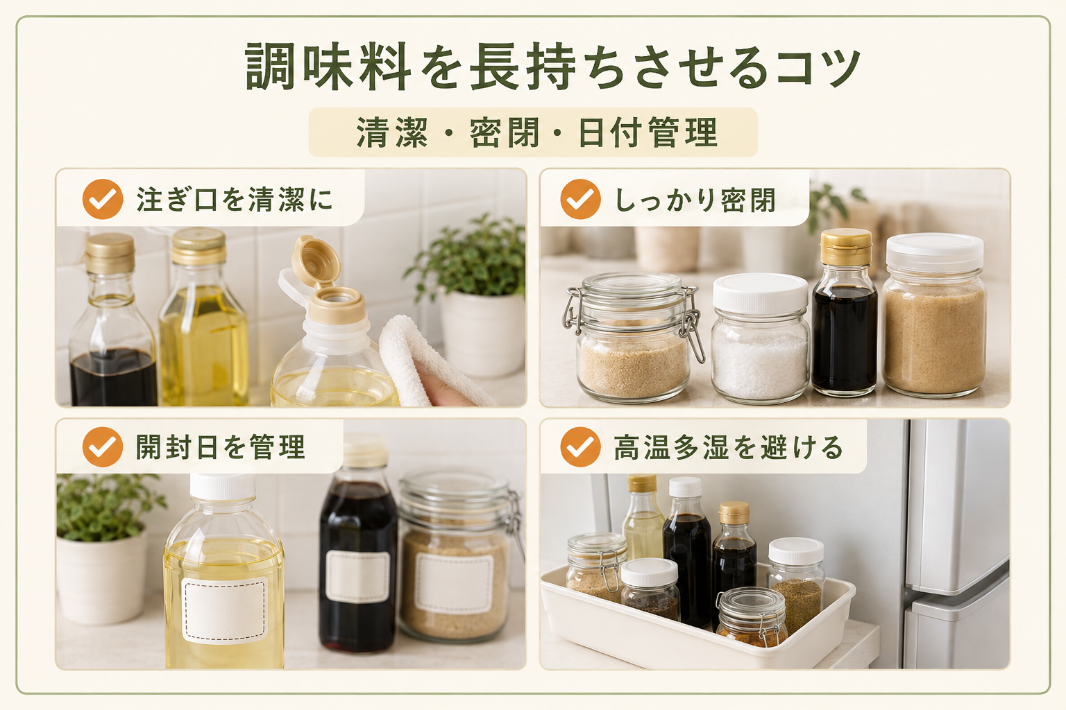 調味料を清潔に密閉して長持ちさせる保存方法