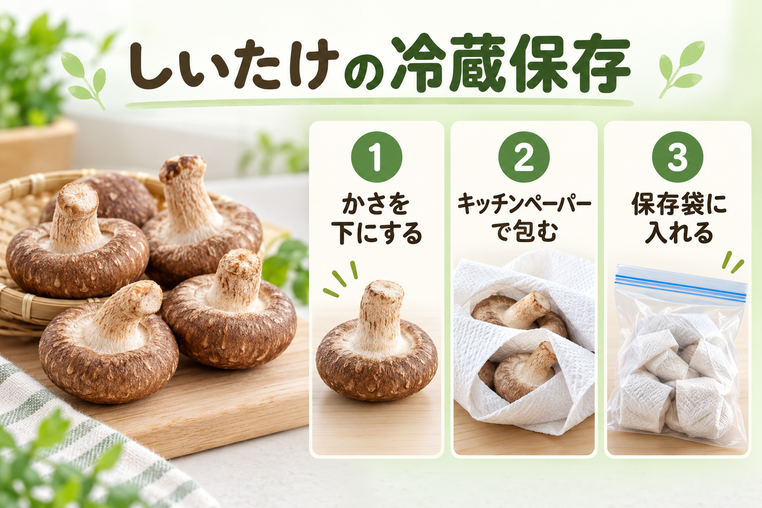 しいたけをキッチンペーパーで包んで冷蔵保存する手順