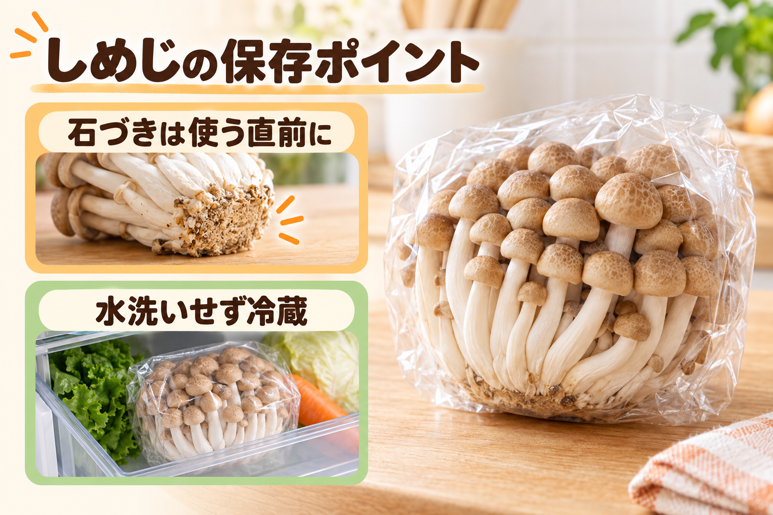 しめじを水洗いせず石づきを残して冷蔵保存するポイント