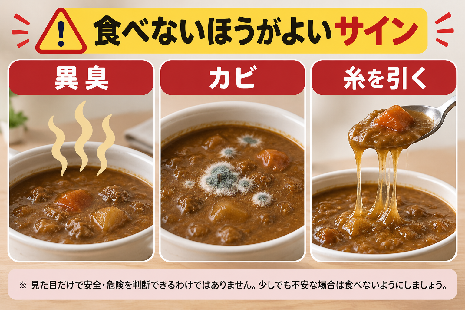 異臭やカビや糸を引く状態など傷んだカレーの注意サイン