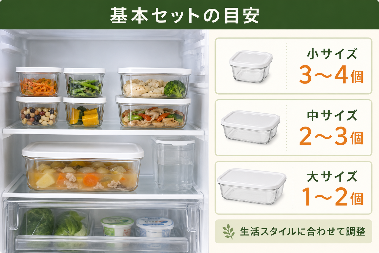 一人暮らし向け保存容器の小・中・大サイズ別個数目安