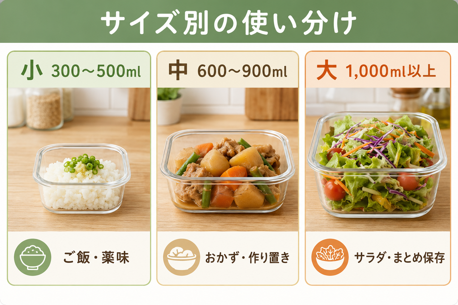 保存容器の小300〜500ml・中600〜900ml・大1000ml以上の使い分け