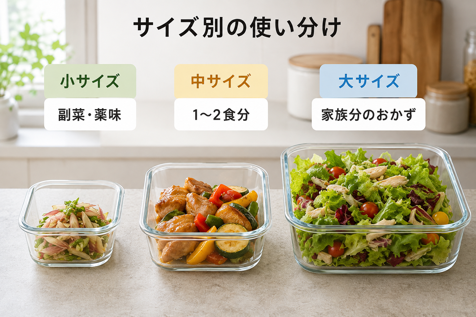 小・中・大サイズの保存容器と向いている料理を紹介する画像