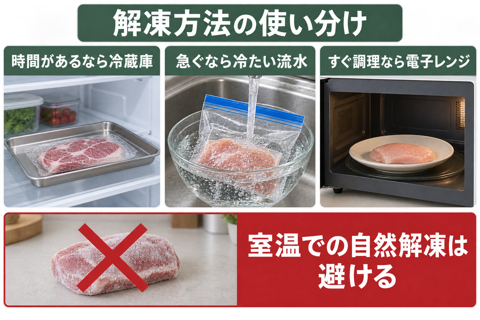 冷蔵庫・冷たい流水・電子レンジによる解凍方法の使い分け