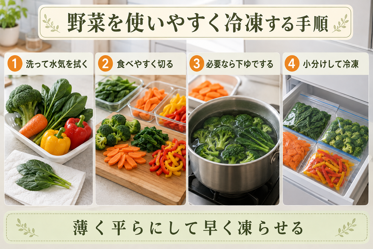 野菜を使いやすく冷凍保存する4つの手順