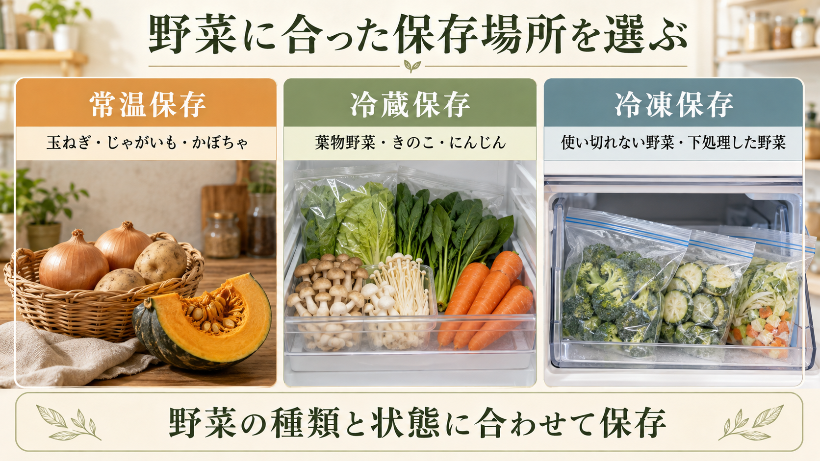 野菜に合った常温・冷蔵・冷凍の保存場所